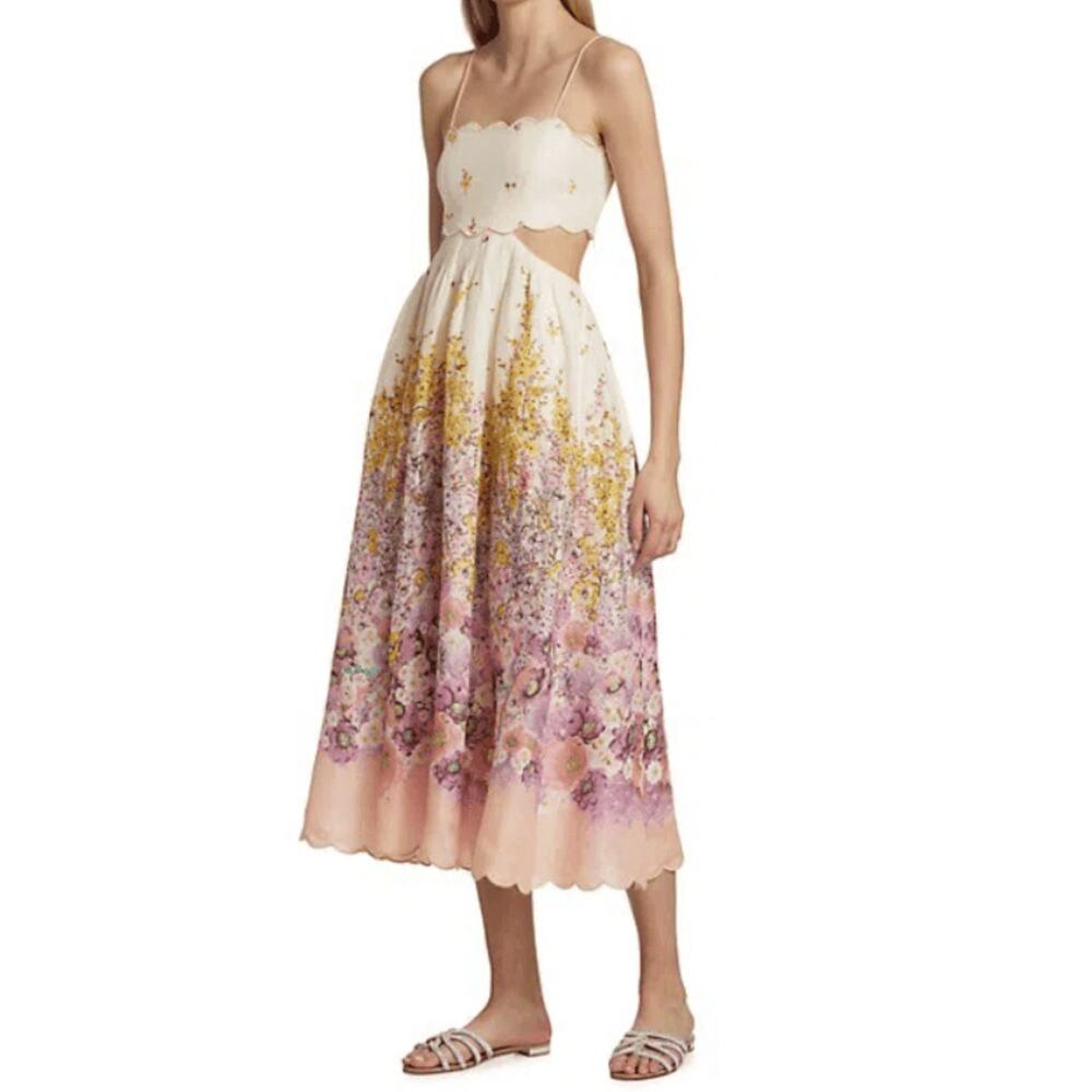 Zimmermann Dress 3 Large Jude Peach Gradient Floral Scalloped Midi Romantic Chic - Picture 4 of 16